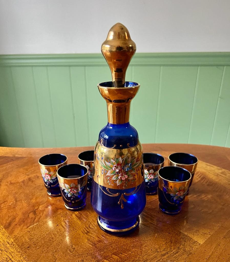 Vintage Cobalt Blue Glass Decanter Set Gold Floral Enamel Bohemian Style Barware Elegant Home Decoration Mid Century Gift Idea Collectible