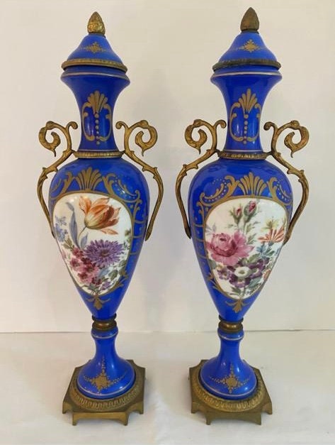 Antique French Cobalt Blue Porcelain Vases Pair Floral Urns Gilt Bronze Handles Victorian Home Decor Elegant Collectible Display Piece