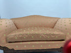 Antique Carved Wood Loveseat Silk Fabric Sofa French Style Peach Upholstery Gilded Motif Curved Back Vintage Settee Luxurious Furniture