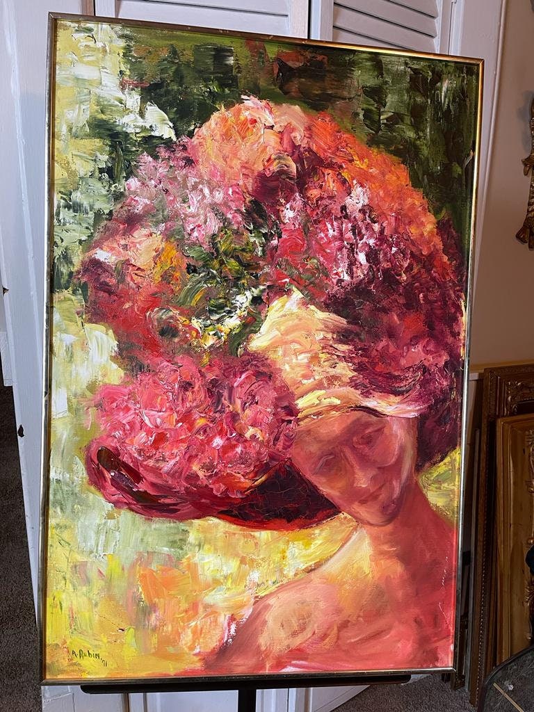 Original Abstract Oil Painting Woman in Floral Hat Signed Colorful Thick Texture Art Large Wall Decor Feminine Impressionism Unique Bold