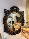 Antique Victorian Oval Mirror Hand-Carved Cherubs & Floral Motifs Dark Wood Gilt Frame Baroque Style  French Home Decoration Wall Mirror