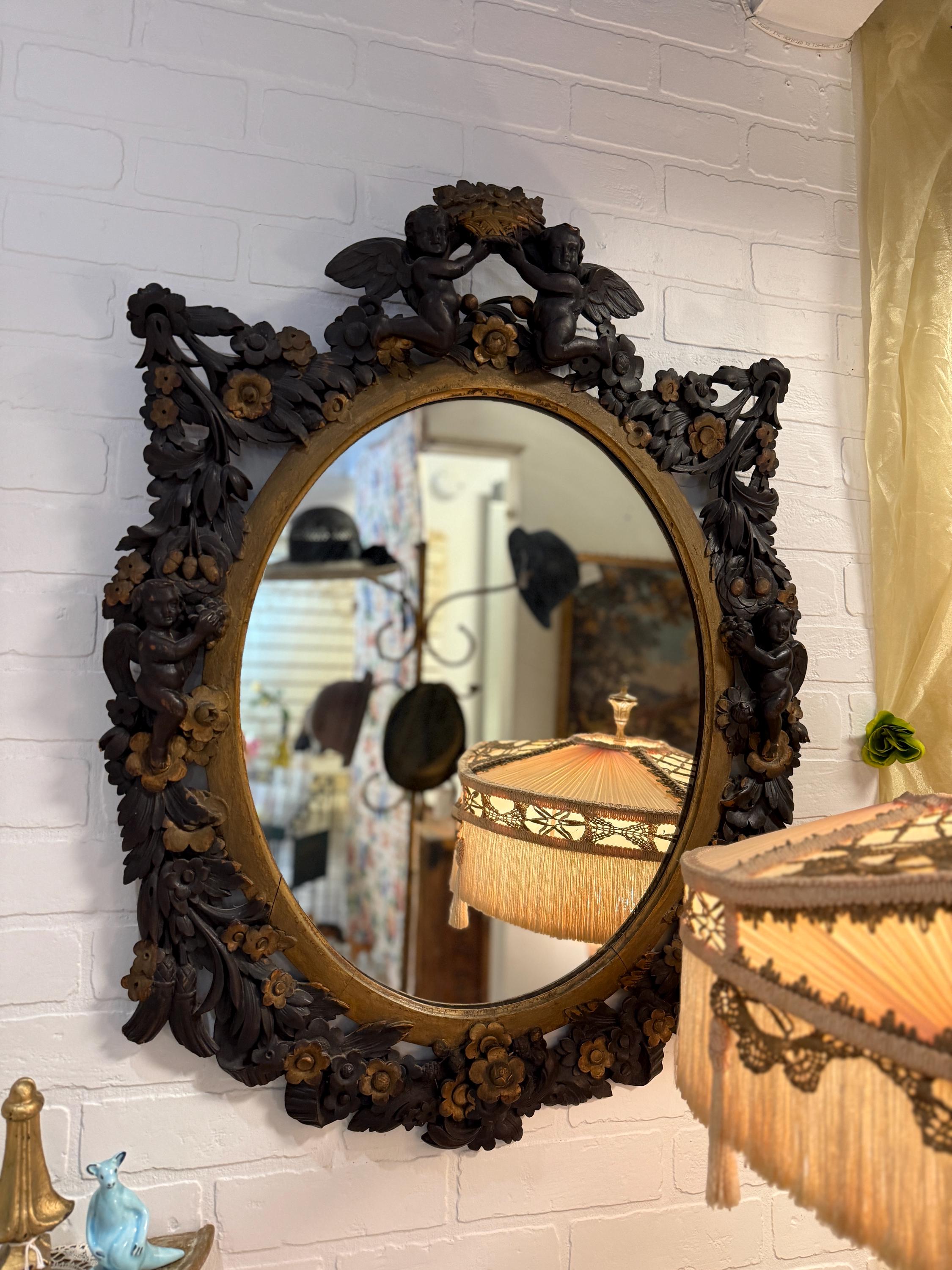 Antique Victorian Oval Mirror Hand-Carved Cherubs & Floral Motifs Dark Wood Gilt Frame Baroque Style  French Home Decoration Wall Mirror