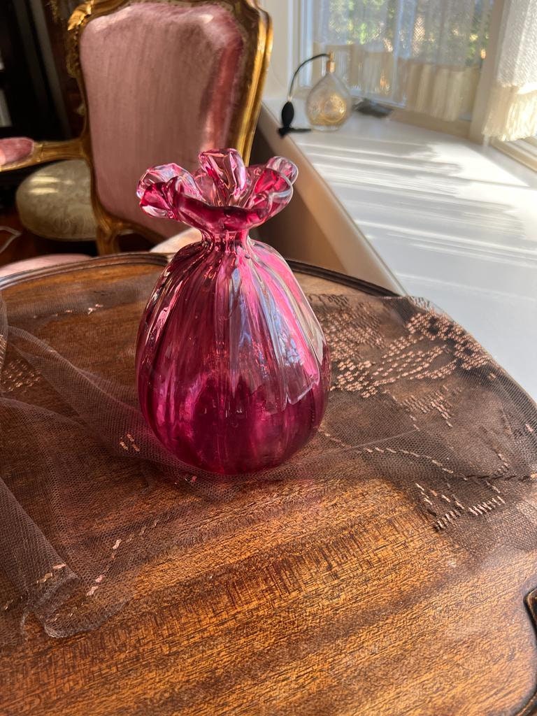 Vintage Cranberry Art Glass Vase Hand Blown Ruffled Top Deep Pink Purple Hue Decorative Collectible Midcentury Style Table Centerpiece
