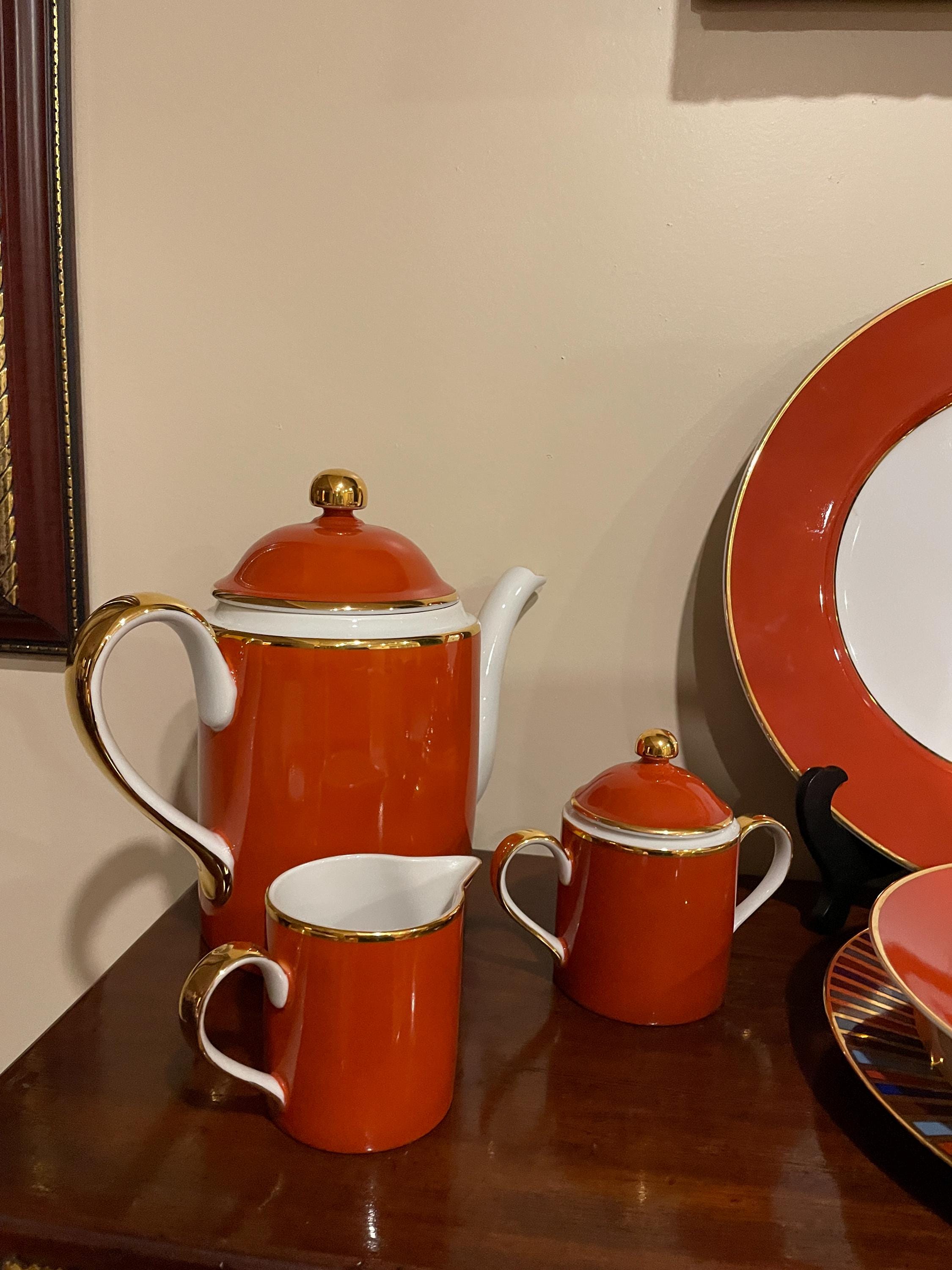 Vintage Ramses Fitz Floyd Porcelain Dinnerware Set Service For 8 Elegant Dinner Plates Platter Cups Saucers Teapot Creamer Gold Red Blue Set
