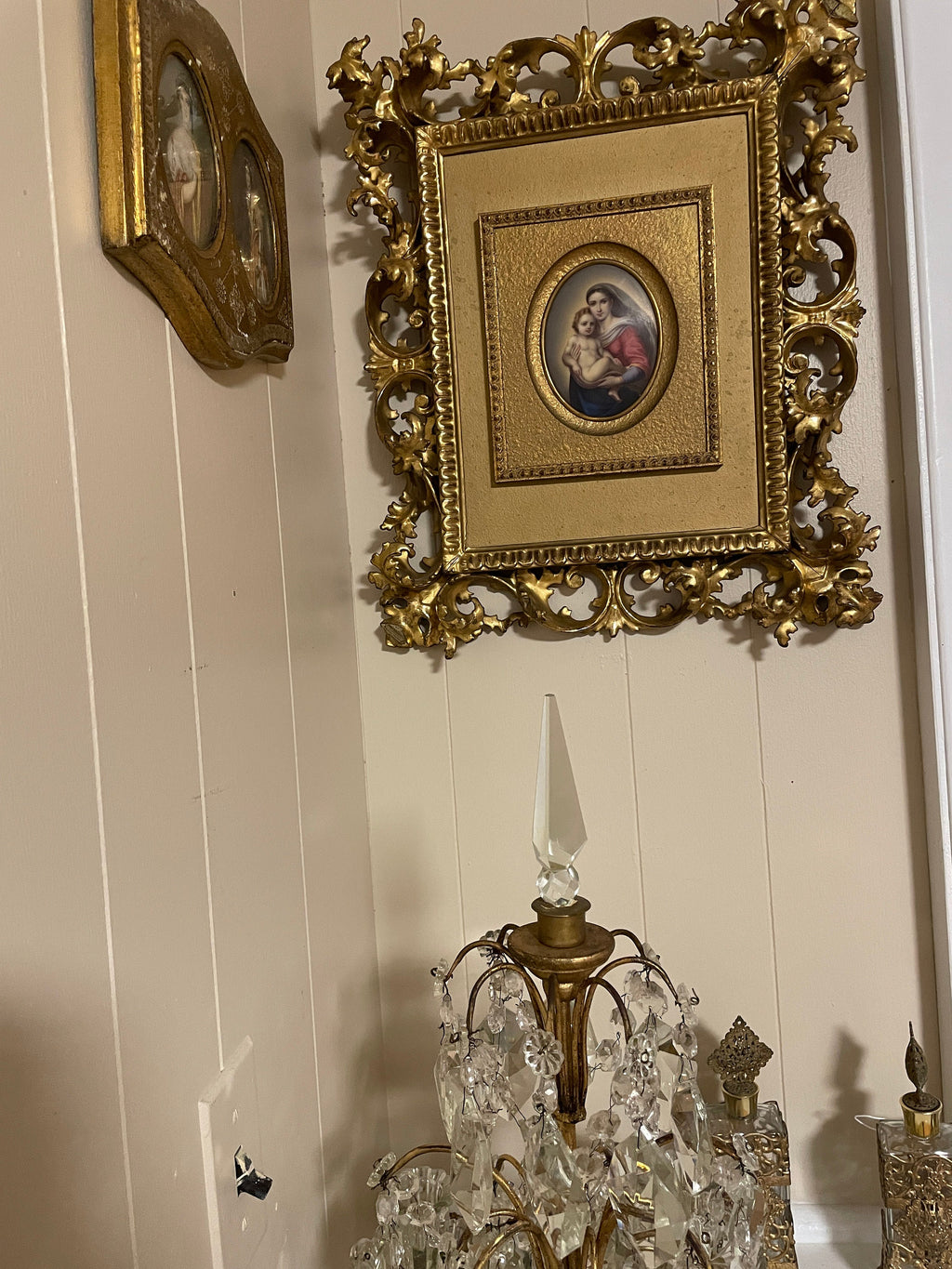 Antique KPM Porcelain Rare Oil Painting of Madonna on an Oval porcelain plaque Gold Gilwood Framed
