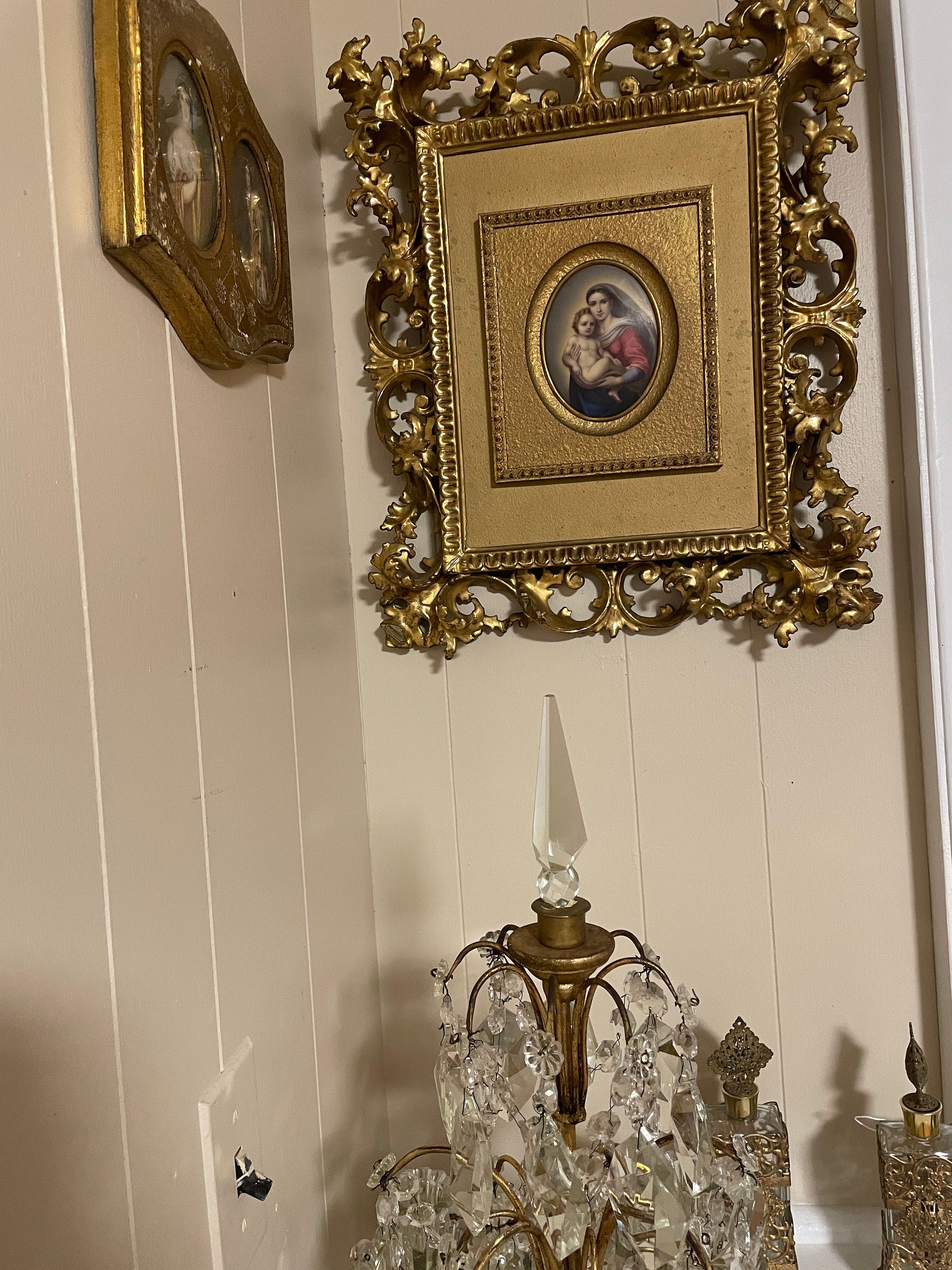 Antique KPM Porcelain Rare Oil Painting of Madonna on an Oval porcelain plaque Gold Gilwood Framed