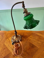 Antique Art Deco Green Ruffle Glass Shade Table Lamp Cast Iron Base French Style Desk Light Early 1900s Lighting Accent Victorian Decoration