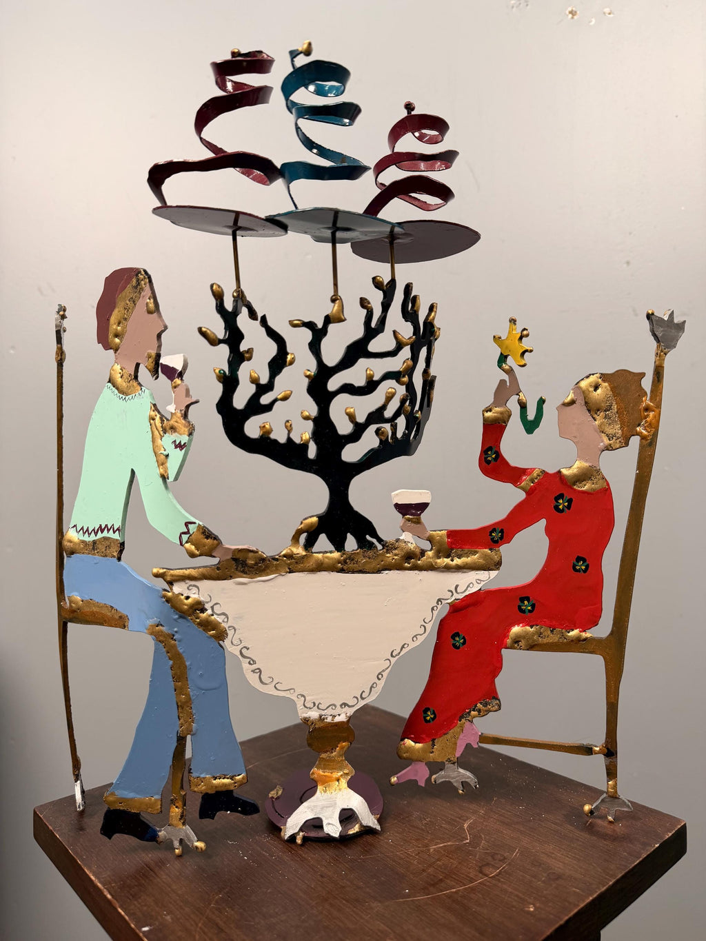 Vintage Hand-Painted Metal Judaica Folk Art Sculpture – Menorah Celebration Couple Table Scene