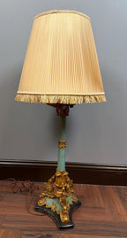 Vintage Florentine Style Table Lamp, Turquoise Blue & Gold Gilt Lamp, Fringe Shade Accent Lighting
