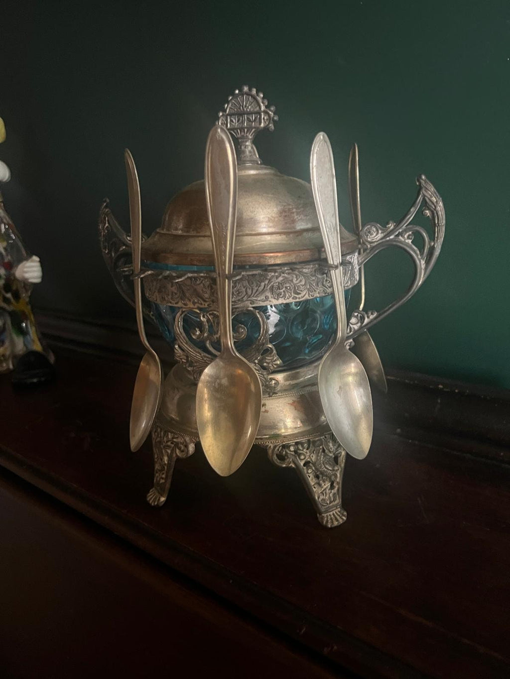 Antique Victorian Silverplate Condiment Holder Set Ornate Blue Glass Bowl Elegant Footed Frame Collectible Centerpiece Spoons Display Decor