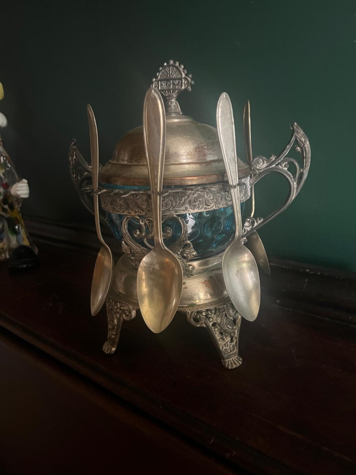Antique Victorian Silverplate Condiment Holder Set Ornate Blue Glass Bowl Elegant Footed Frame Collectible Centerpiece Spoons Display Decor
