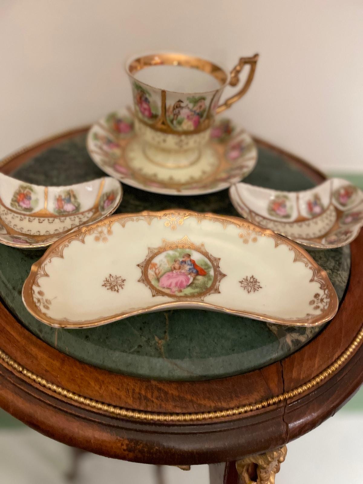 Vintage German Porcelain Tea Snack Set Romantic Courting Scene Gold Trim Hand Painted Cup Tray Bowls Collectible Rococo Style Display Piece