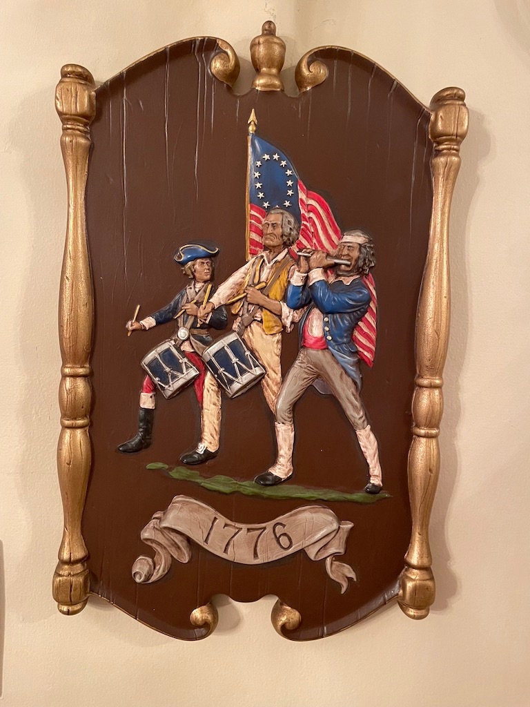 Vintage The Spirit Of 76 Hanging Porcelain Wall Plaque American Flag Gold Brown Colored 15"9"