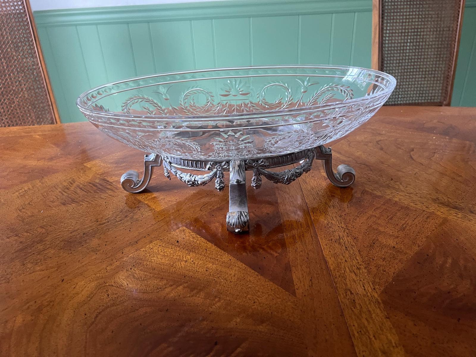 Antique Crystal Oval Bowl on Silverplate Footed Stand Cut Glass Fruit Dish Decorative Centerpiece Floral Garland Neoclassical Elegant Style
