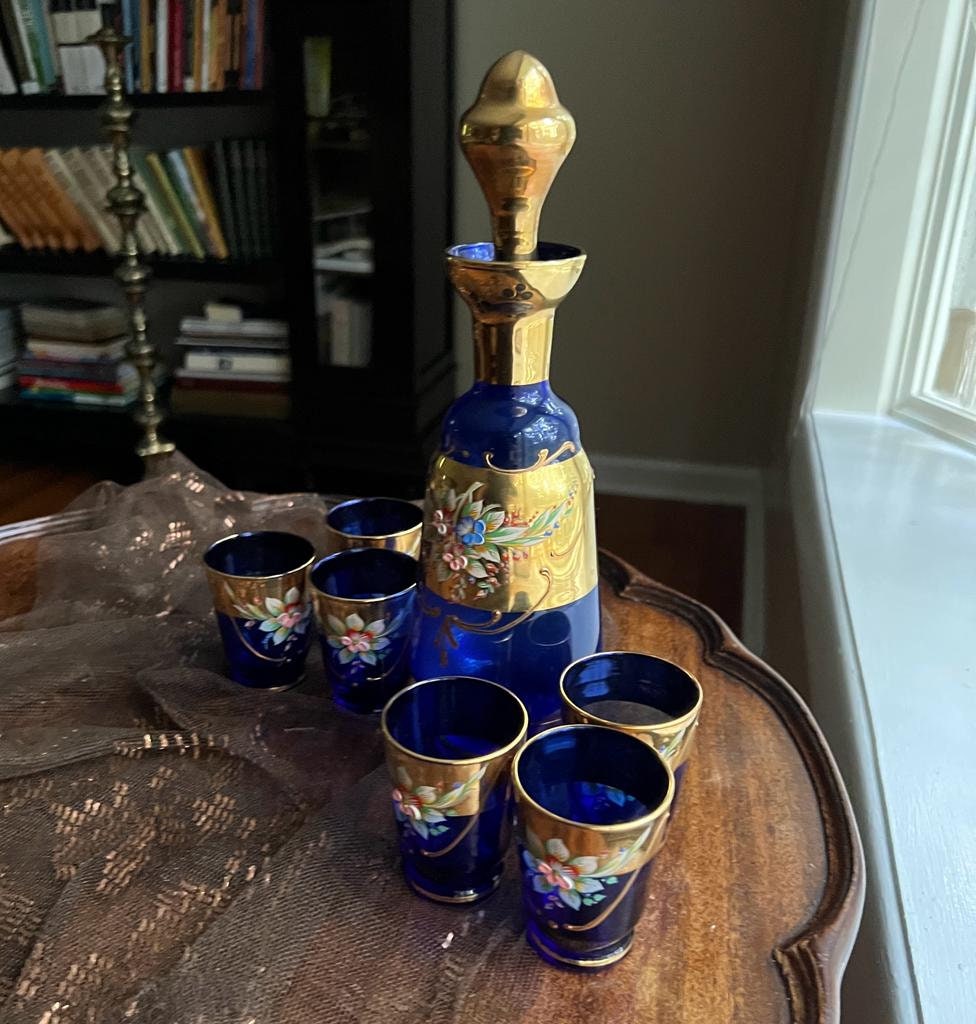 Vintage Cobalt Blue Glass Decanter Set Gold Floral Enamel Bohemian Style Barware Elegant Home Decoration Mid Century Gift Idea Collectible