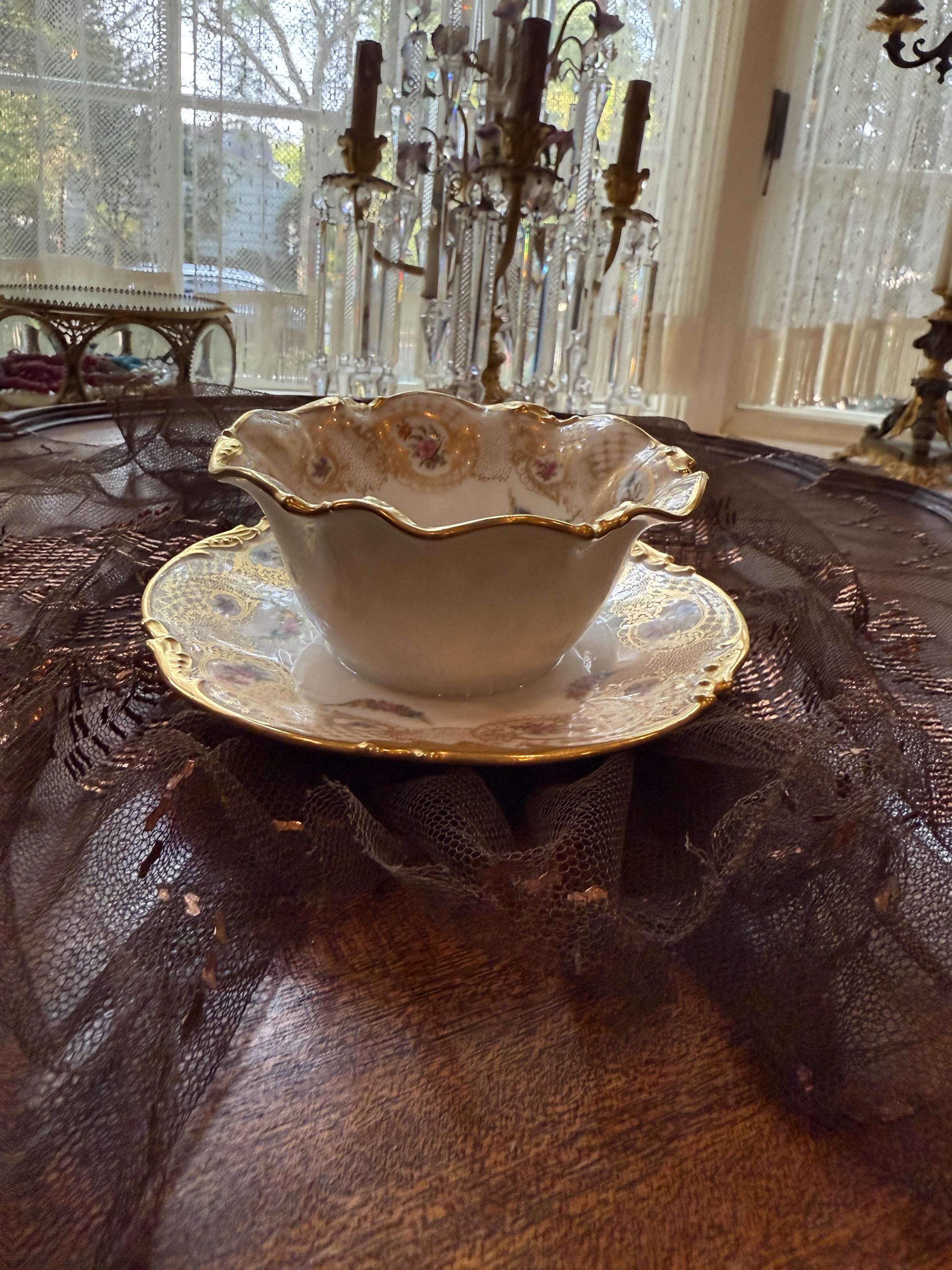 Antique French Limoges Porcelain Bowl Attached Underplate One-Piece Bowl Saucer Hand Painted Roses & Gold Gilt Serving Dish fixed Under-tray
