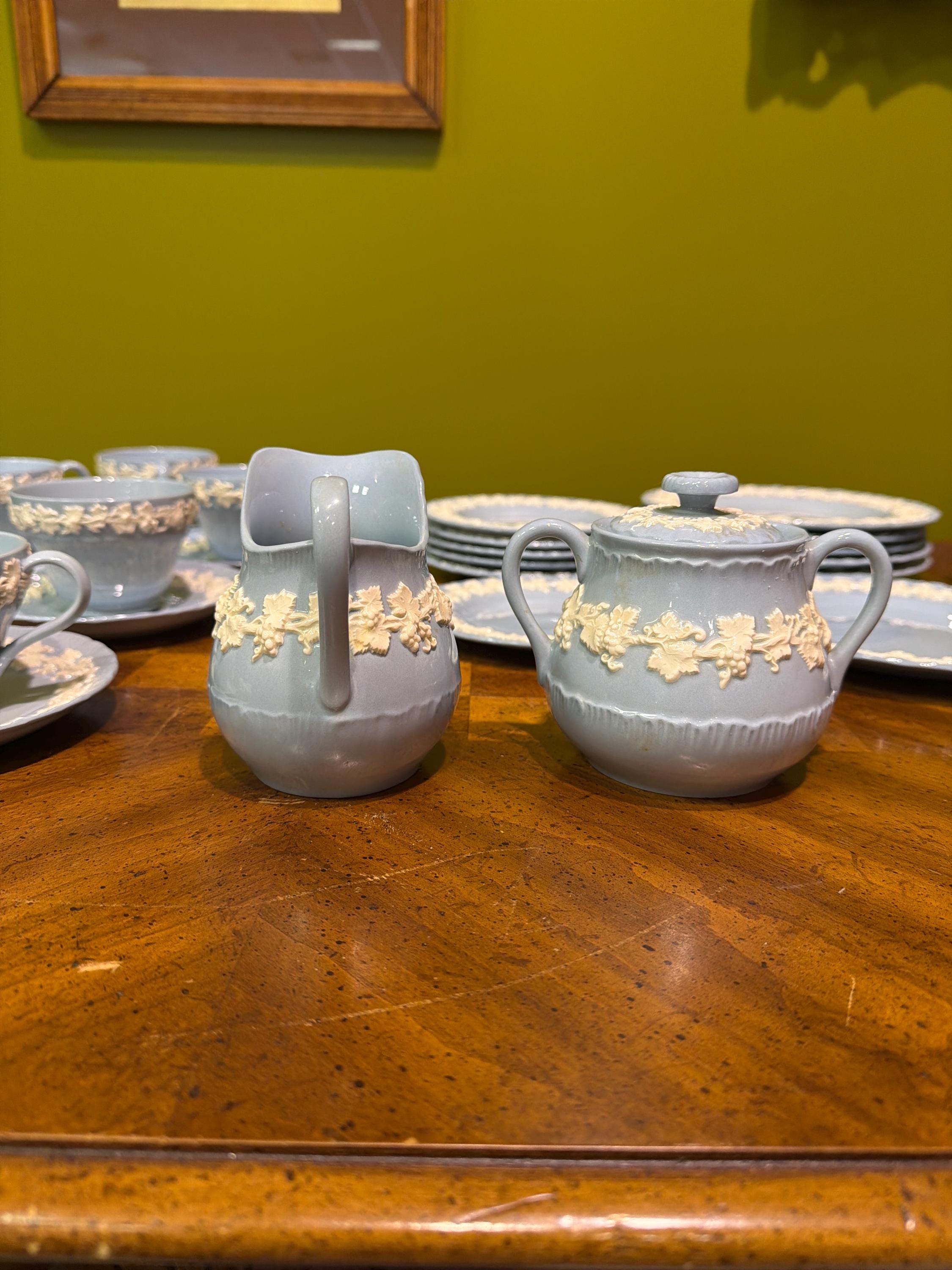 Wedgwood Queen’s Ware Blue Embossed Lunch/Tea Set, Of Etruria Barlaston England