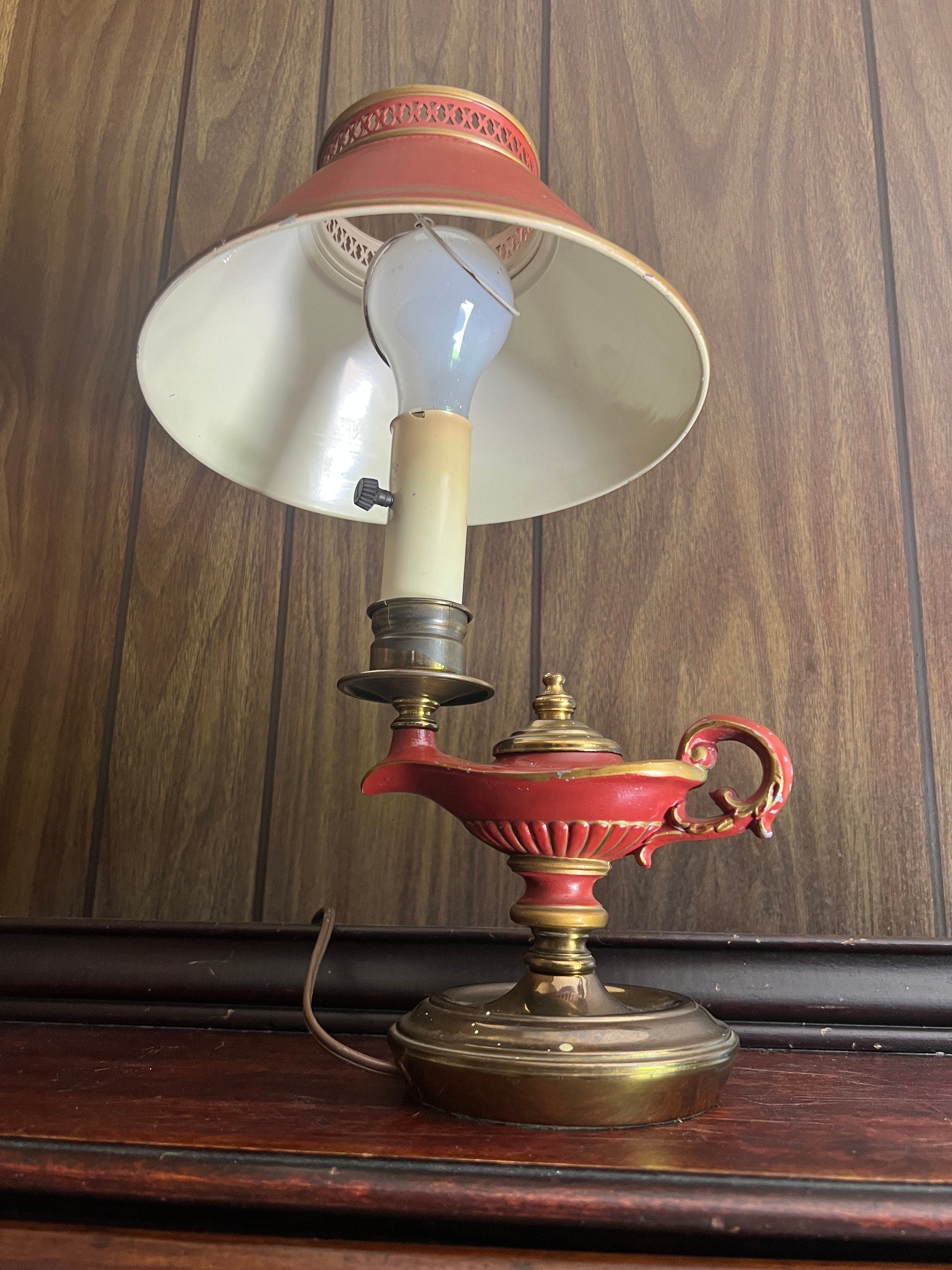 Vintage Aladdin Style Genie Lamp Table Light Unique Red Brass Metal Shade Accent Lighting Magic Oil Lamp Shape Mid Century Decor Gift Idea