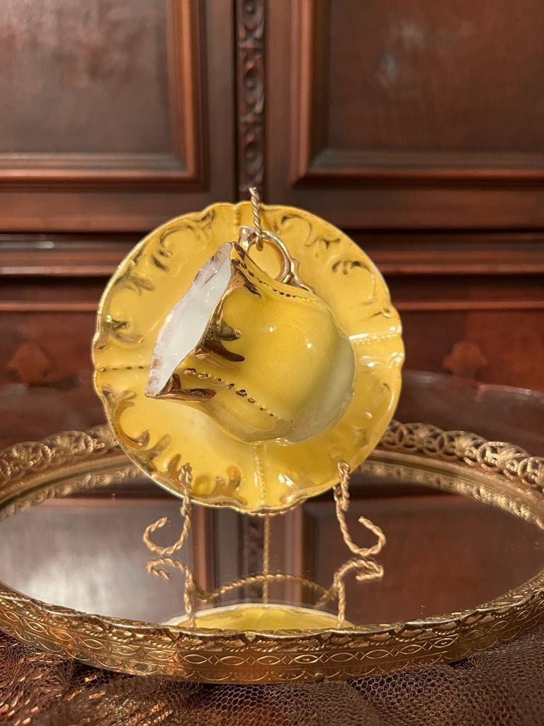 Vintage Yellow Ornate Porcelain Teacup Set Japanese Rococo Baroque Style Embossed Design Collectible Display Piece Japan Marked Elegant