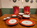 Vintage Ramses Fitz Floyd Porcelain Dinnerware Set Service For 8 Elegant Dinner Plates Platter Cups Saucers Teapot Creamer Gold Red Blue Set