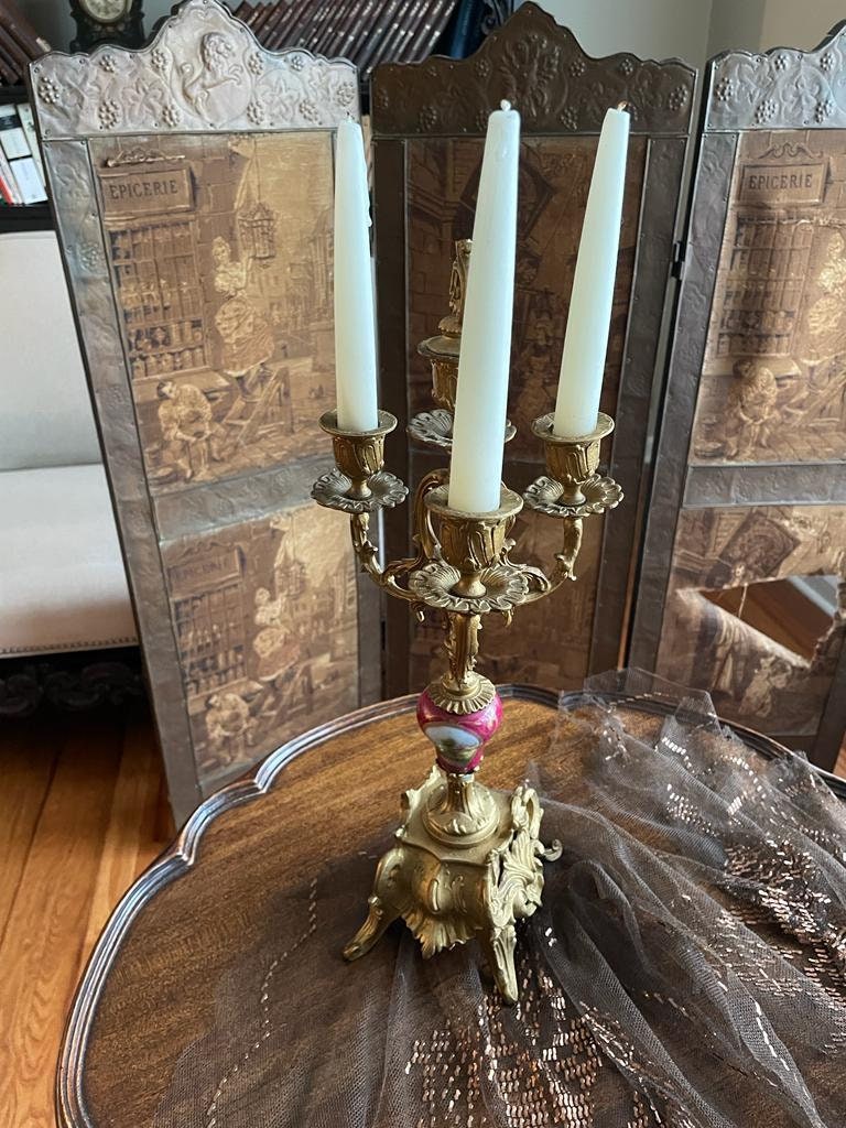 Antique Rococo Style French Clock Set Gilt Bronze Candelabras Porcelain Accents Romantic Scene Victorian Decor Collectible Mantelpiece 1900s