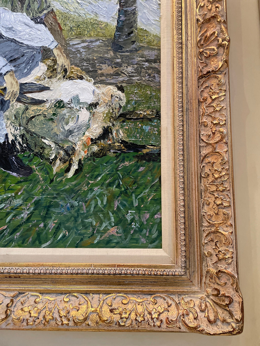 Framed Impressionist Oil Painting Pastoral Scene River Men Shearing Sheep Gilt Wood Frame Signed Wall Art Decoration Thick Brush Strokes