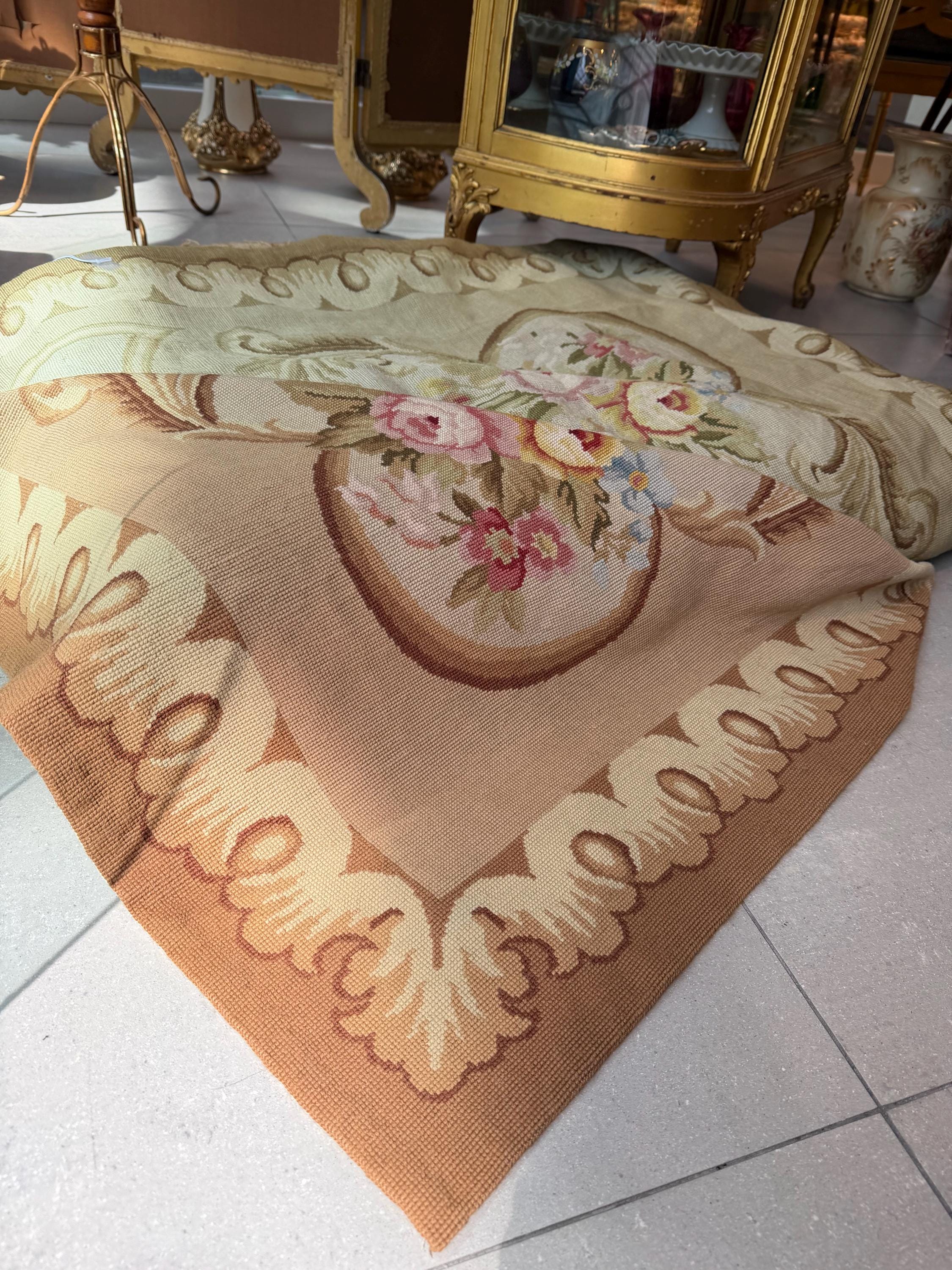 Oversized French Aubusson Style Needlepoint Rug, Floral Mansion Carpet, Shabby Chic Estate Decor