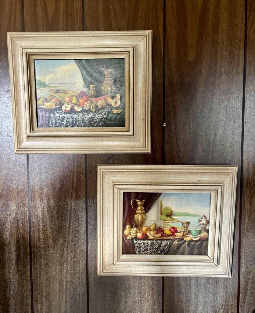 Vintage framed still life wall art set classic fruit table paintings in ornate cream frames traditional kitchen dining decor European style