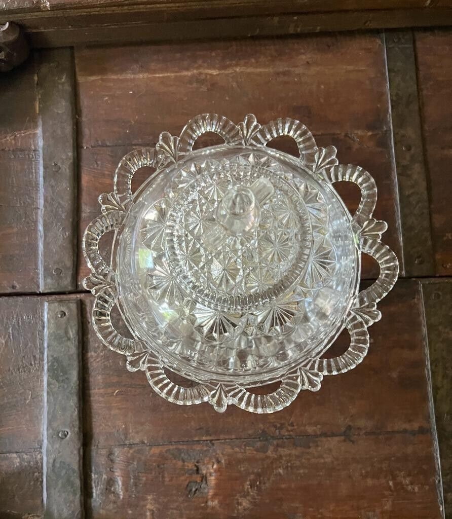 Vintage Pedestal Cut Glass Candy Dish Lidded Crystal Compote Elegant Pressed Glass Centerpiece Ornate Decorative Bowl Table Display