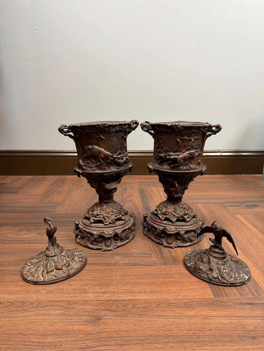 Antique Bronze Hunting Scene Urns Pair: Stag, Hound, Mixed Bird Finials