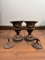 Antique Bronze Hunting Scene Urns Pair: Stag, Hound, Mixed Bird Finials