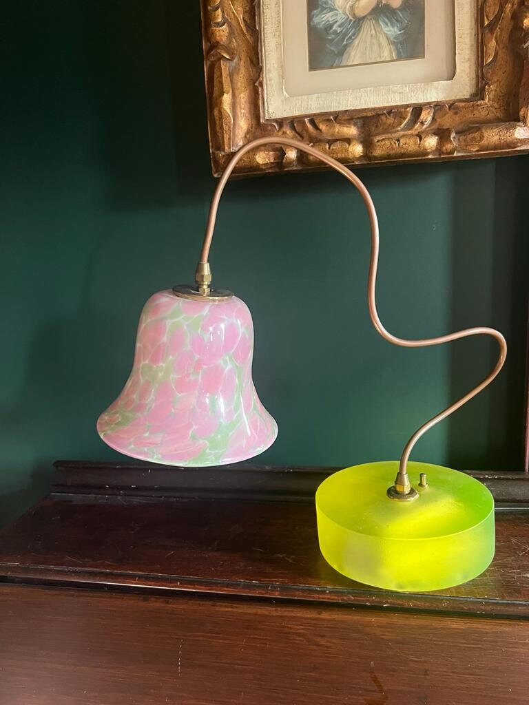 Handcrafted Pink Art Glass Bell Lamp Glowing Chartreuse Base Curvy Brass Arm Vintage Style Accent Retro Desk Home Lighting Decoration