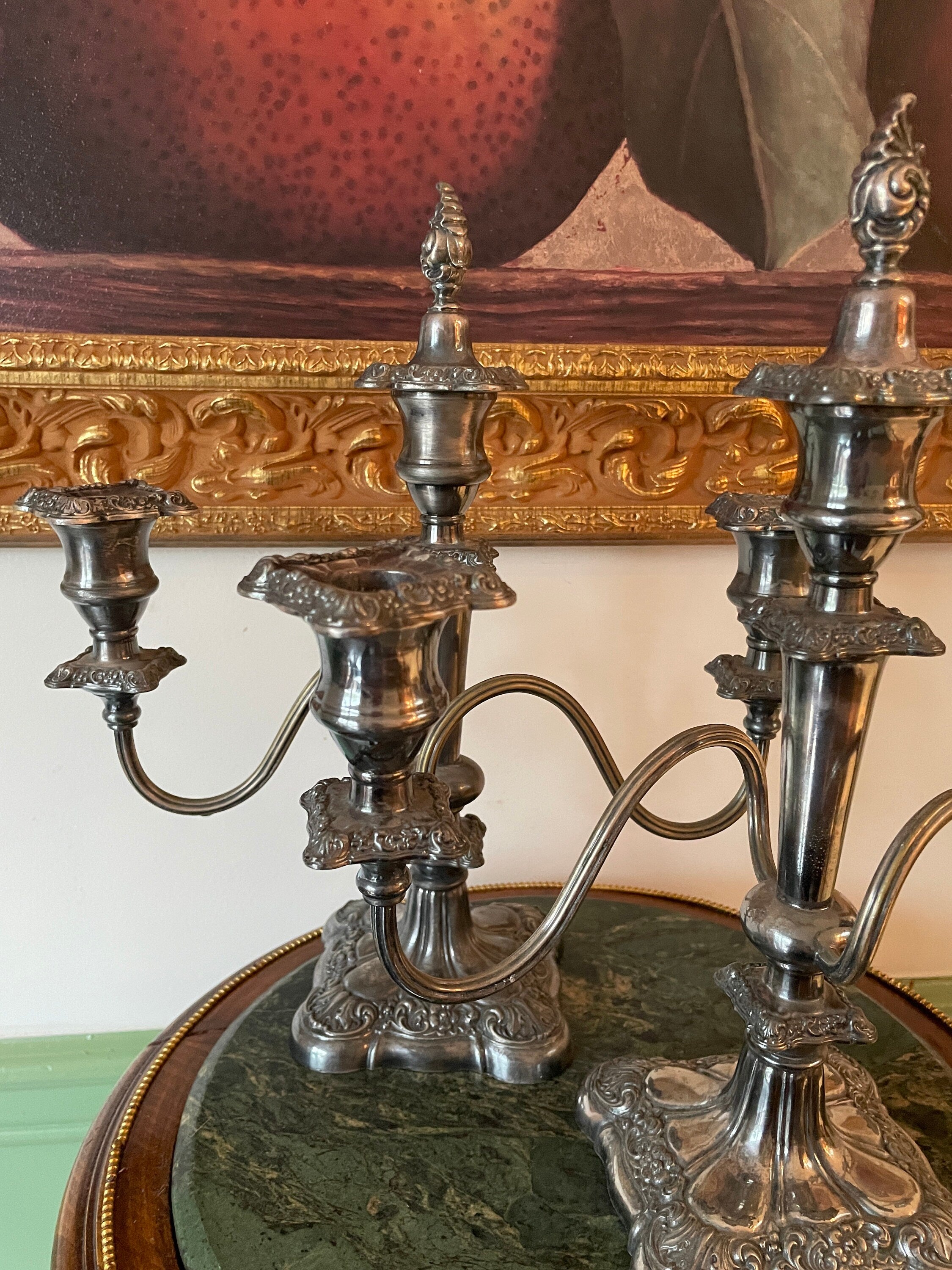 Antique Pair Silver Candelabra Five Arm Baroque Candle Holders Ornate Heavy Metal Candle Stand Classical Decoration Mantel Table Display