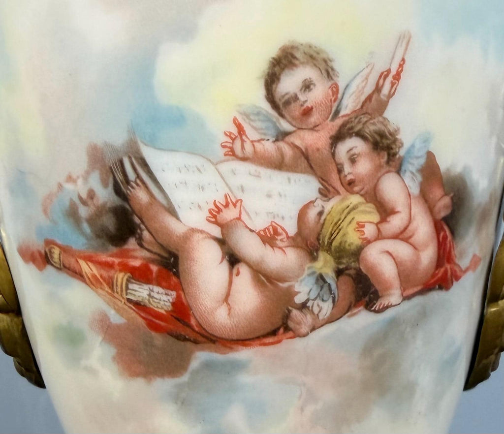 Antique French Porcelain Ormolu Lidded Urn Vase, Cherub Putti Painted Decorative Vase