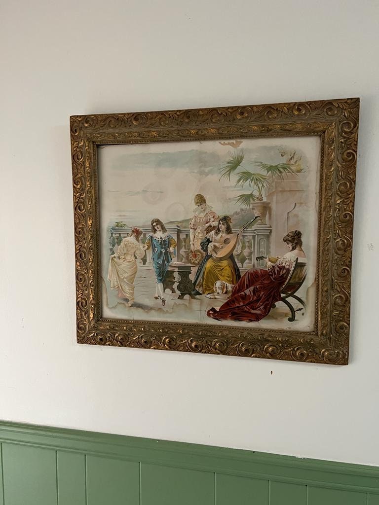 Antique Gilded Frame Art Victorian Courting Scene Romantic Wall Decor Ornate Gold Frame Classical Style Interior Collectible Wall Hanging