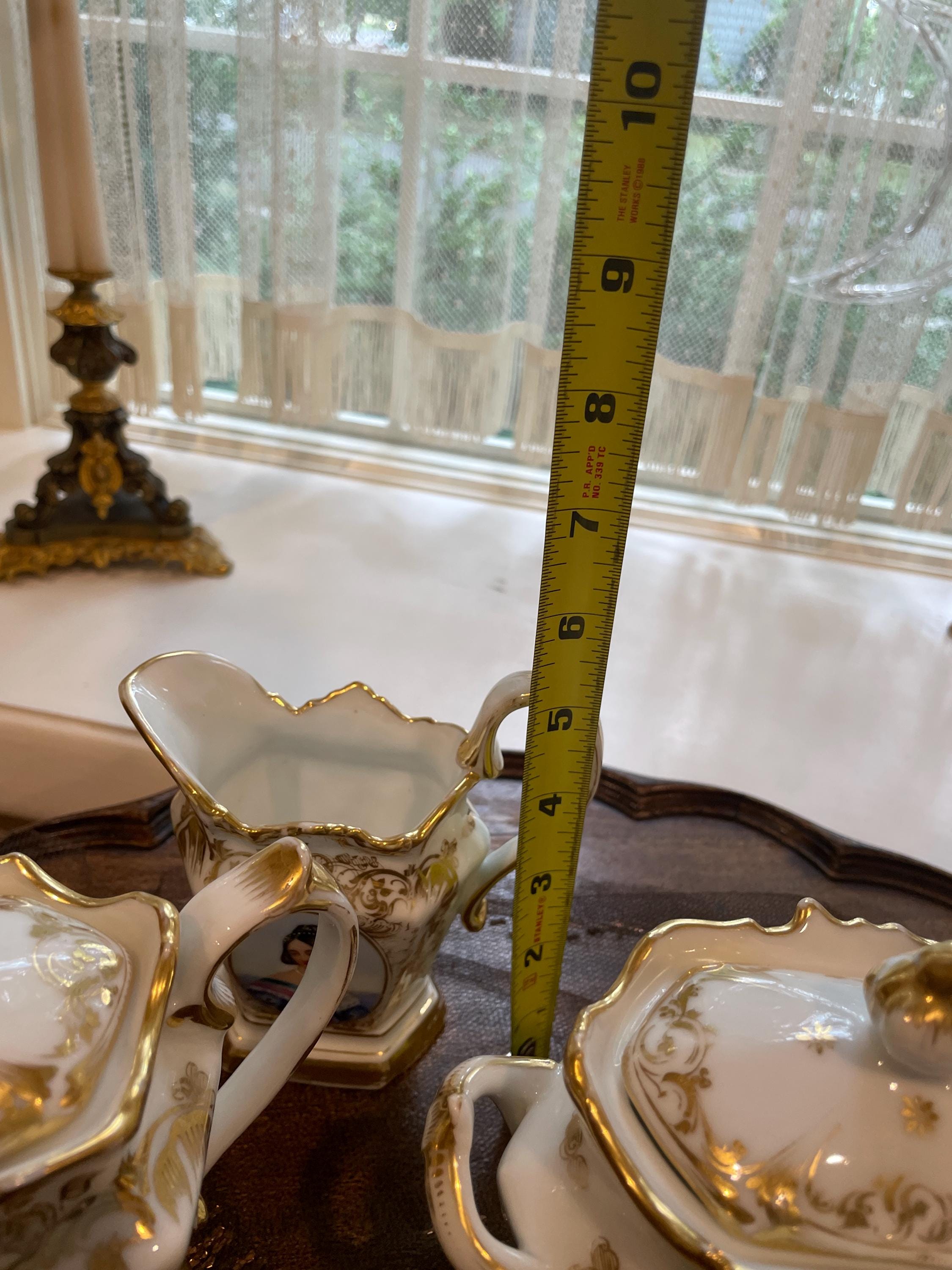 Very Old Paris Portrait Gold Gilt Porcelain Hand Painted Creamer Sugar Bowl Coffee Pot Victorian Ornate Gilded Serving Tray French Tea Set