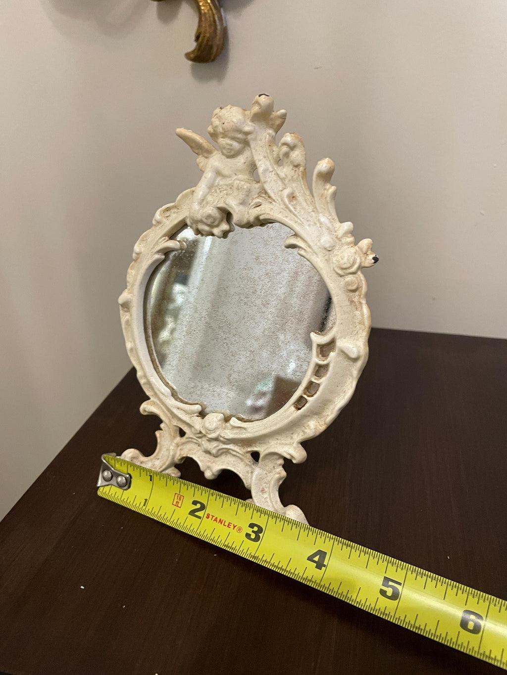 Vintage Ornate Tabletop with Cherub Accent Rococo Style Distressed White Finish Collectible Vanity Deco Antique Inspired Design Mirror