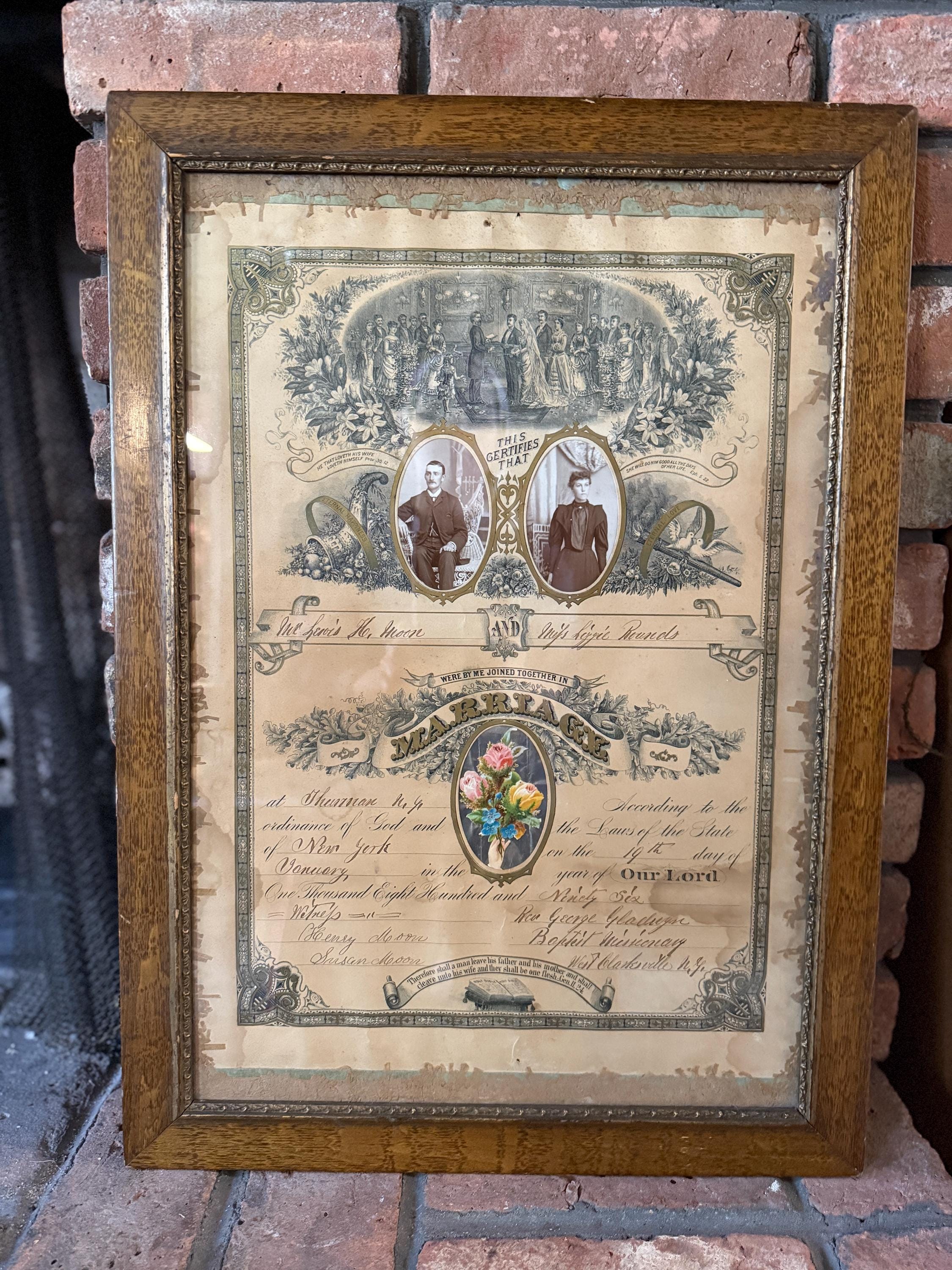 Antique 1896 Marriage Certificate Art Print Framed Religious Floral Engraving Wall Decor Wedding Ephemera Victorian Couple Photograph