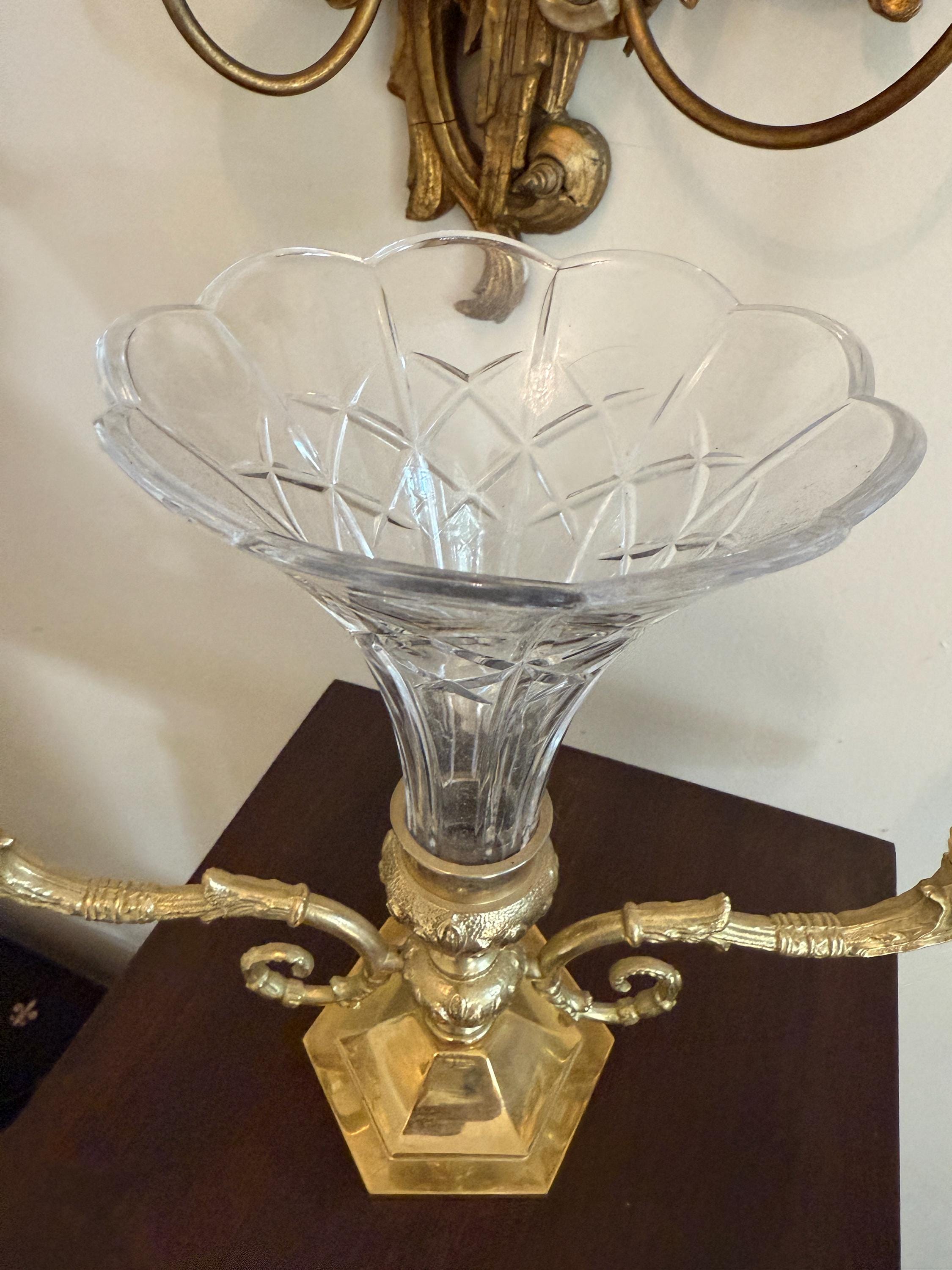 Vintage Brass French Style Two Arm Candelabra Centerpiece with Cut Glass Vase and Dual Candle Holders, Candlestick Home Decoration