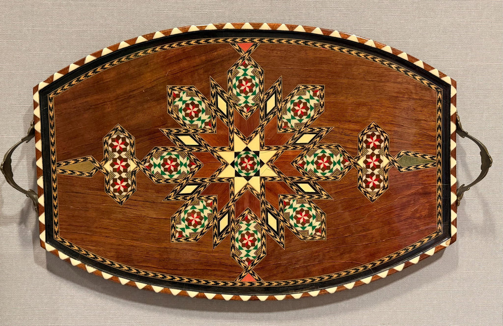 Vintage Inlaid Wood Tray: Damascus Geometric Star Mosaic Wall Hanging