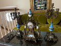 Antique French Sevres Style Clock Set Bronze Blue Porcelain Candelabra Mantel Decor Elegant Rococo Design Home Accent Collectible Piece