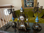 Antique French Sevres Style Clock Set Bronze Blue Porcelain Candelabra Mantel Decor Elegant Rococo Design Home Accent Collectible Piece
