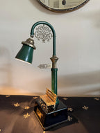 Vintage Park Lamp Post Desk Lamp with Miniature Bench and Sign | Retro Industrial Table Light | Collectible Novelty Lighting Green Gold