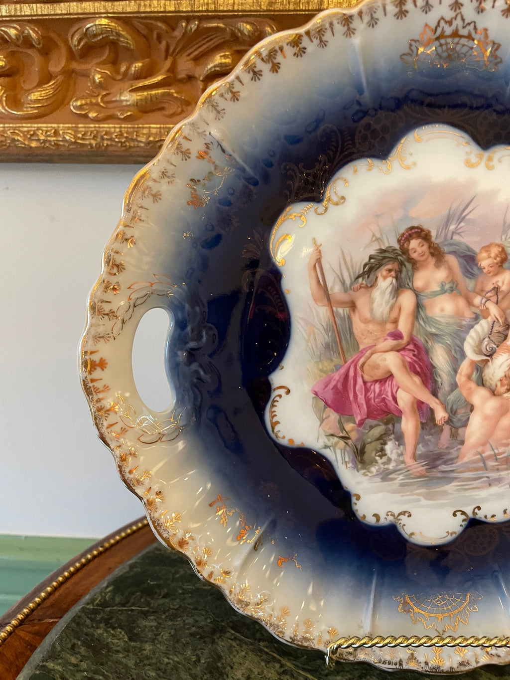 Antique Cobalt Blue Porcelain Tray Tea Cup Saucer Set Mythological Figures Hand Painted Gold Details Rococo Design European Collectible Art