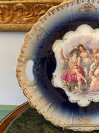 Antique Cobalt Blue Porcelain Tray Tea Cup Saucer Set Mythological Figures Hand Painted Gold Details Rococo Design European Collectible Art