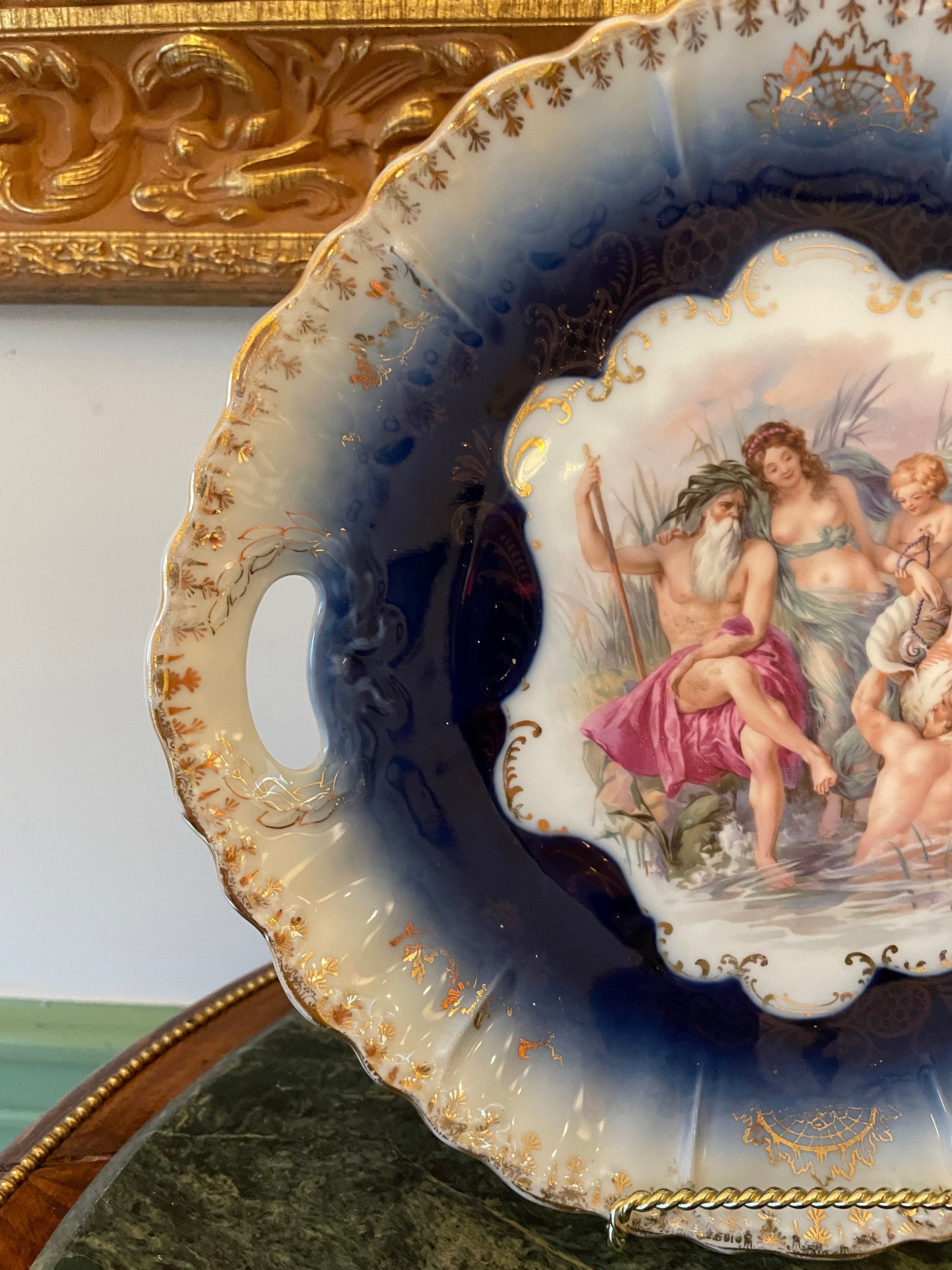 Antique Cobalt Blue Porcelain Tray Tea Cup Saucer Set Mythological Figures Hand Painted Gold Details Rococo Design European Collectible Art
