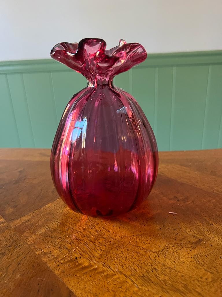 Vintage Cranberry Art Glass Vase Hand Blown Ruffled Top Deep Pink Purple Hue Decorative Collectible Midcentury Style Table Centerpiece