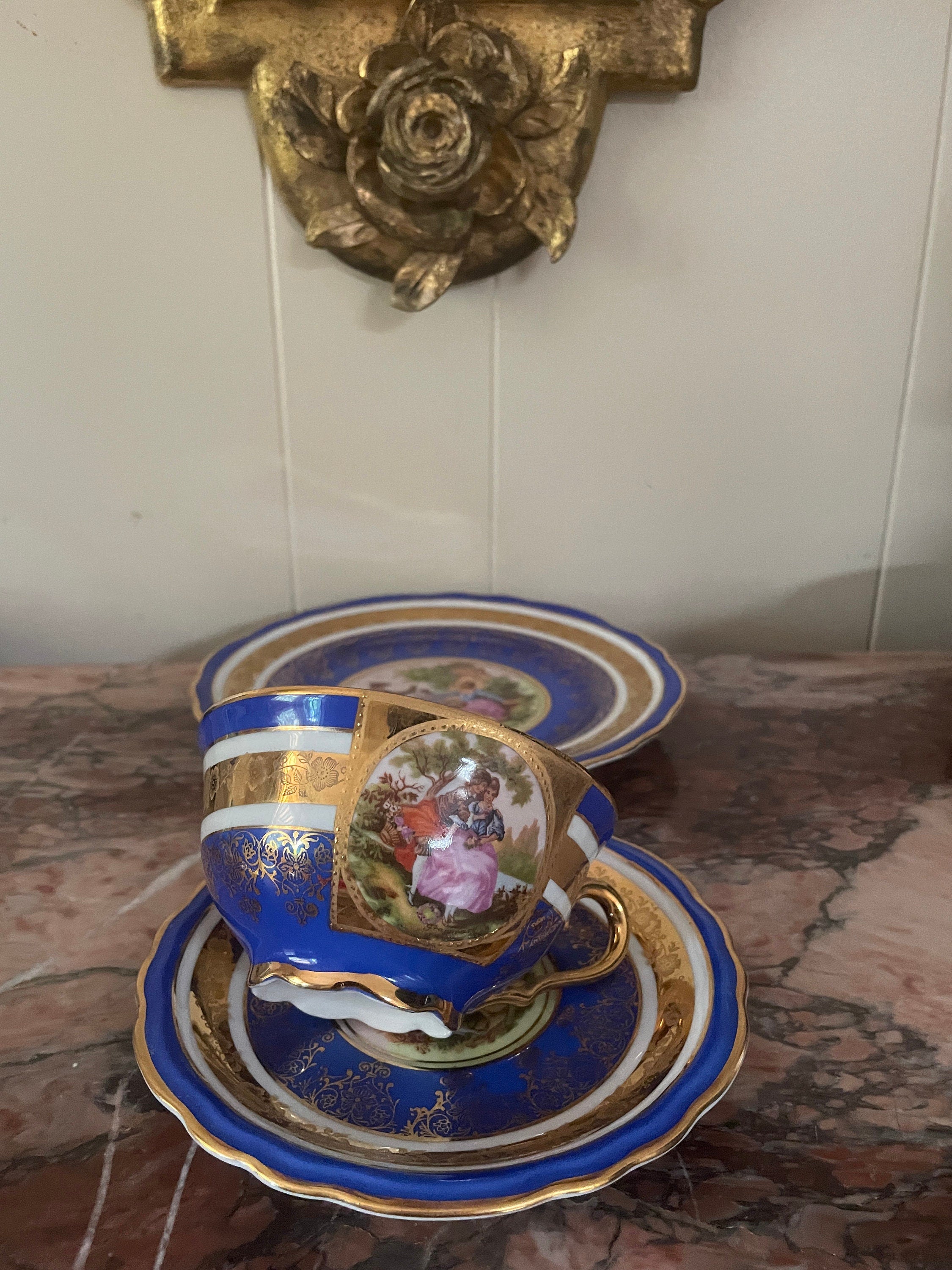 Vintage Set of 3 Blue & Gold Trim Froganard Design Collectible Cup Saucer Plate