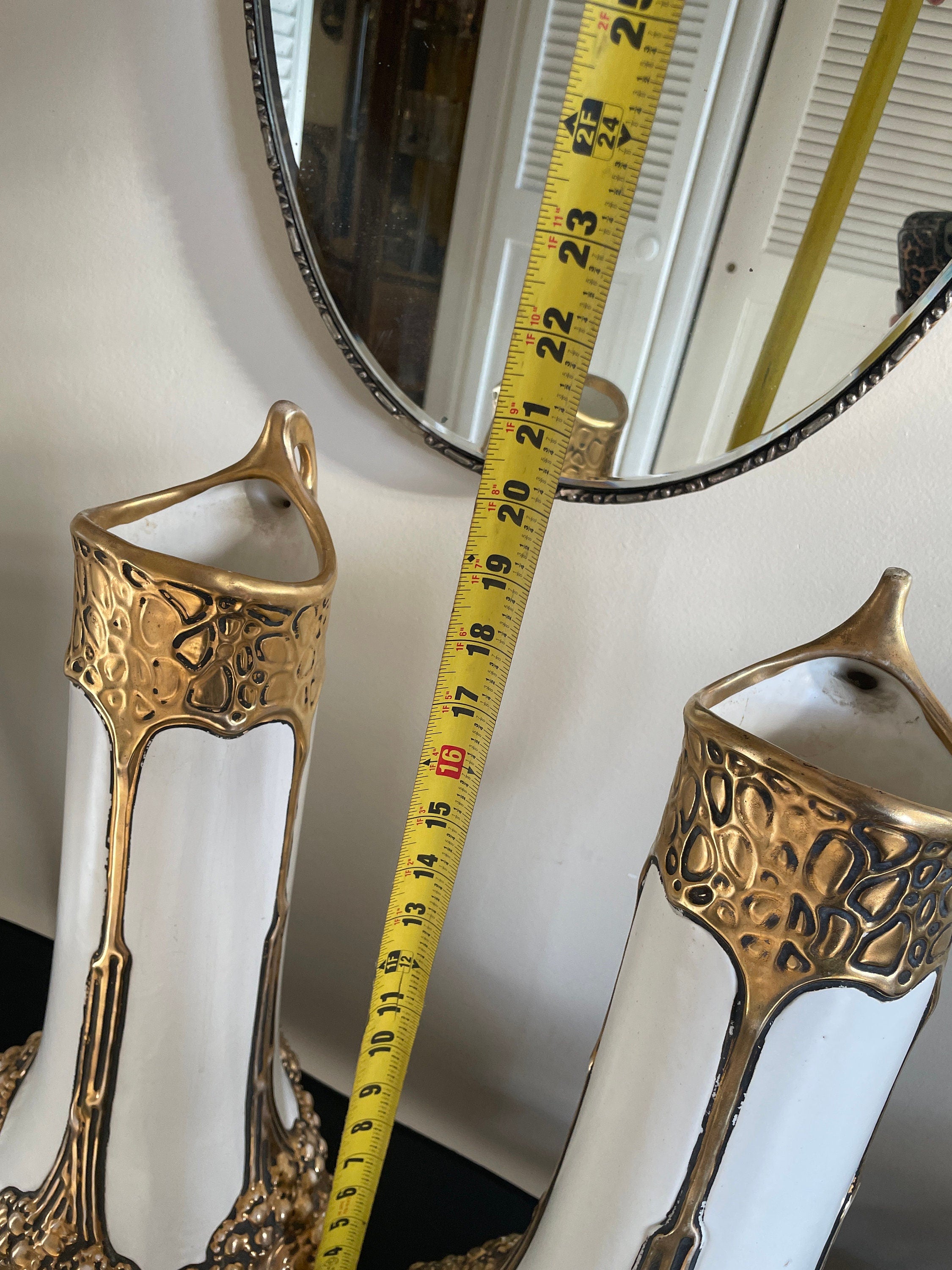 Pair of Antique Gold Gilded Porcelain Art Nouveau Austria Pottery Tall Vases by Julius Dressler Collectible Home Decor Rare Unique Pieces