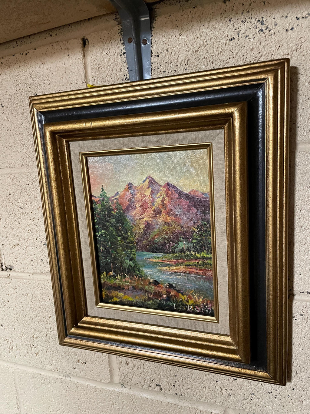 Framed Mountain Landscape Oil Painting Wall Art Nature River Scene Signed L Collazzi Textured Canvas Rustic Cabin Decoration Collectible